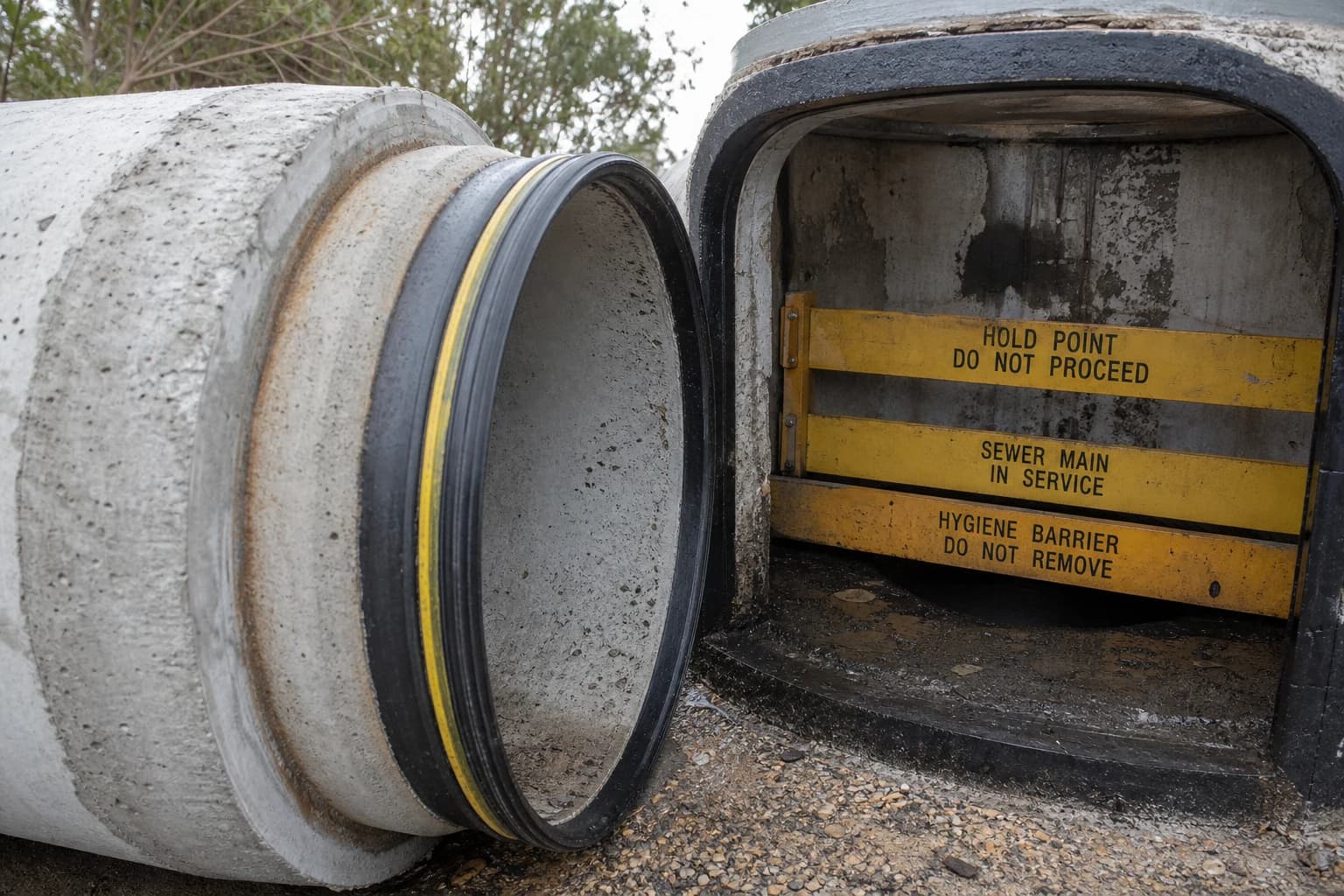 Wastewater infrastructure detail showing sewer main joint and manhole interface with hygiene controls on a live NSW network