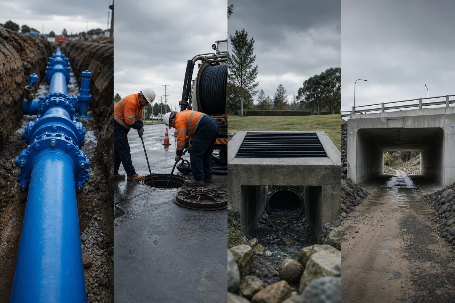 Four waters infrastructure overview showing potable water pipes, wastewater sewer assets, stormwater drainage, and concrete culvert structures across an NSW programme