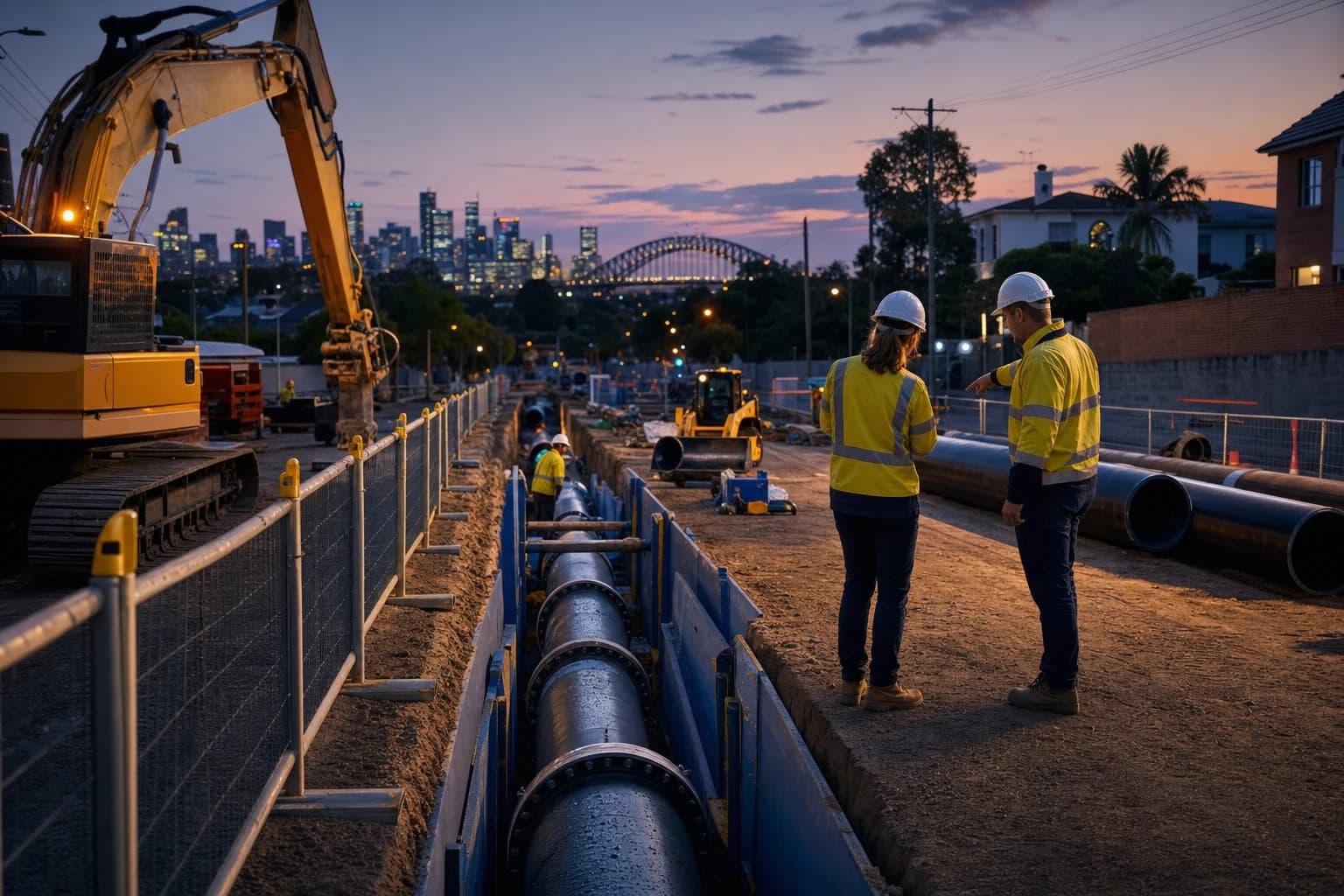 Water infrastructure contractor Sydney crew working on a live potable water main renewal corridor at golden hour