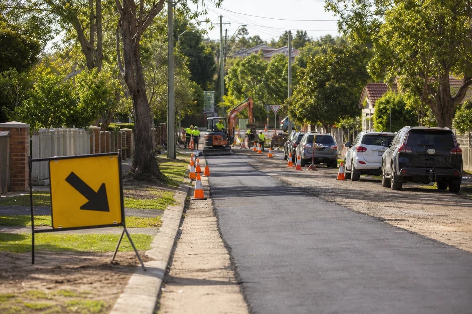 NSW residential street with staged water main renewal corridor, traffic management, and half-completed pavement reinstatement
