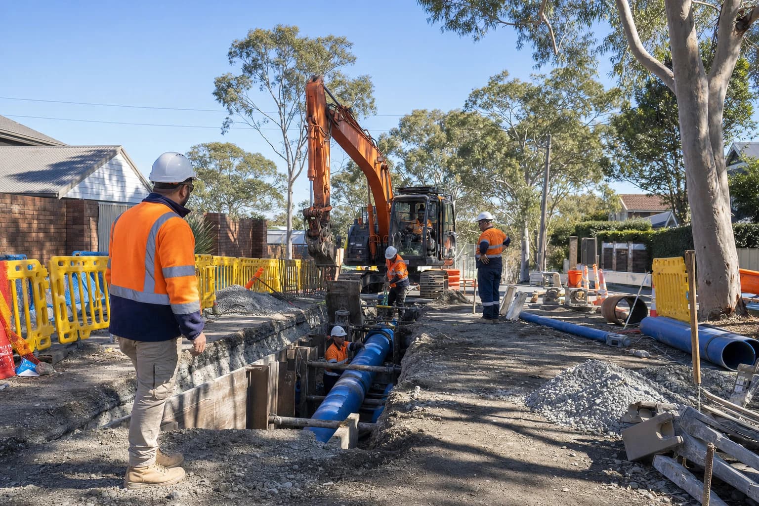 Water authority accredited constructor Sydney crew mobilising on a live metro water main works site with safety barriers and authority programme signage