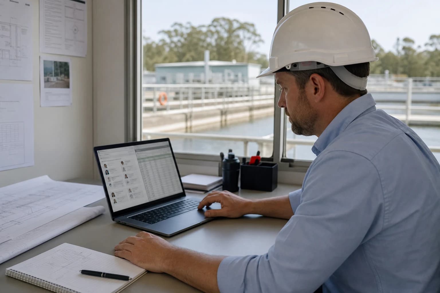 Procurement lead reviewing constructor panel lists and water authority works capability profiles on a laptop in a site office