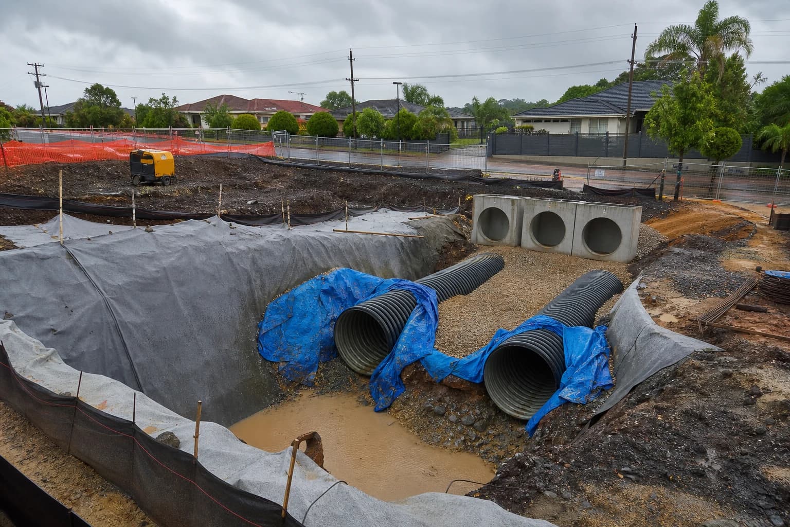 Stormwater infrastructure works with drainage pits, pipes, and flow controls staged beside a flood-prone NSW catchment corridor