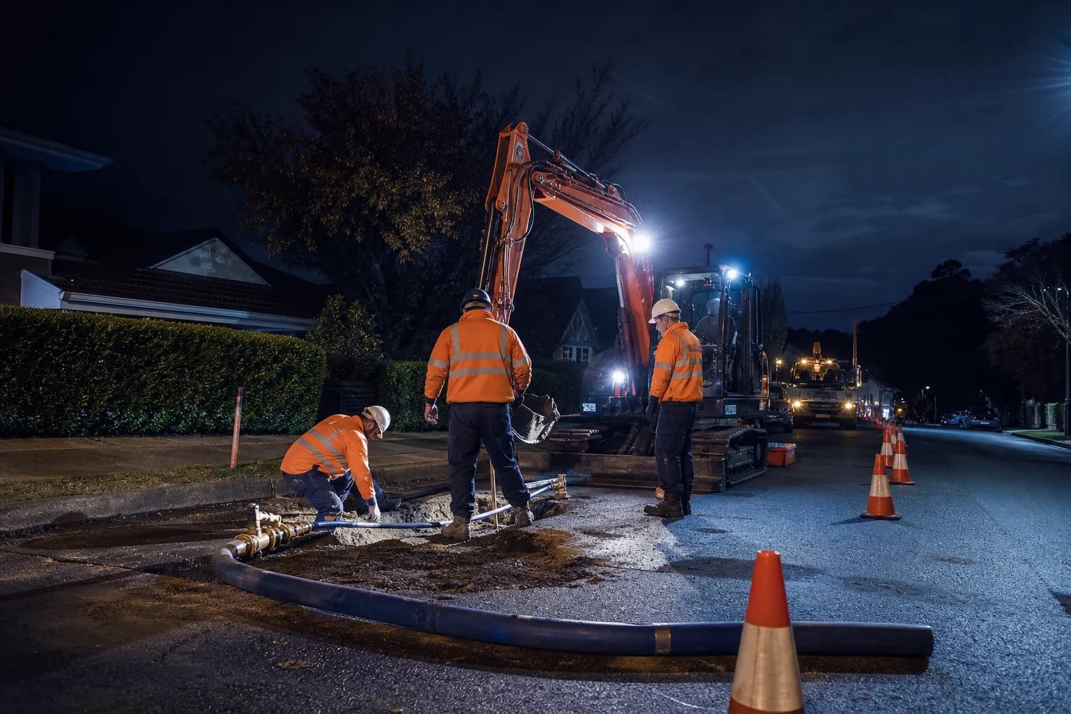 Live water network construction at night on a Sydney residential street with controlled lighting, bypass pipework, and minimal community disruption