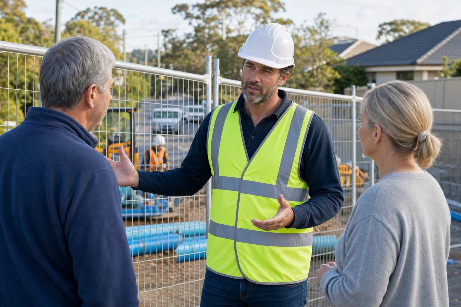 Site supervisor and community liaison officer discussing live-network water works methodology with residents at a temporary site fence