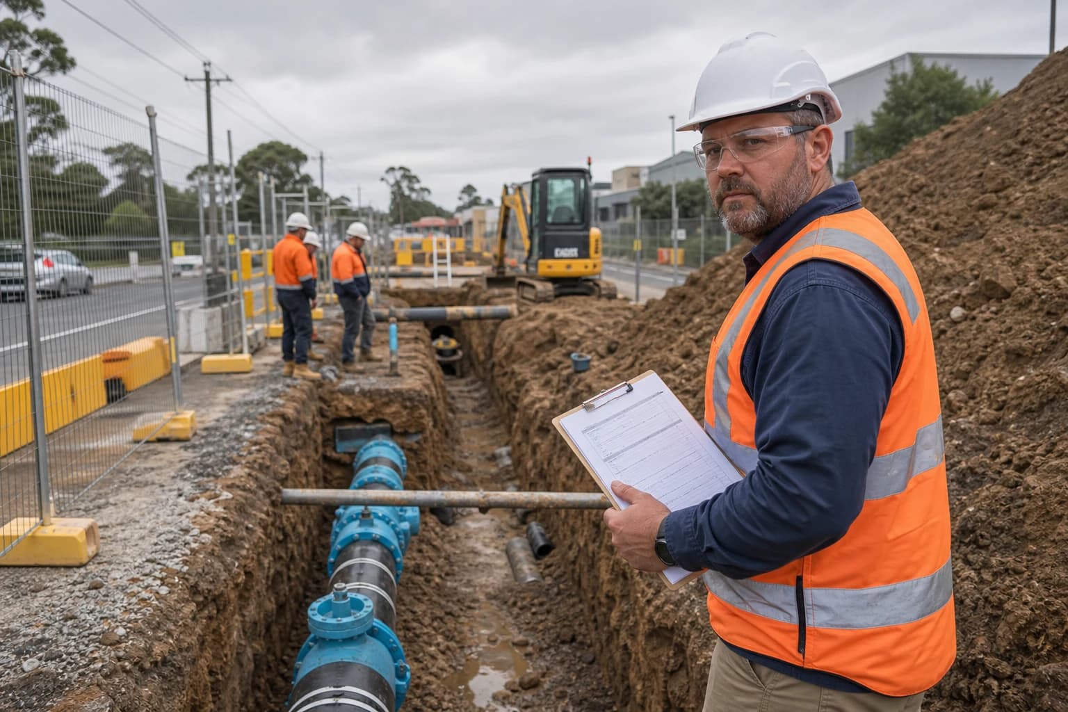 Section 73 contractor Sydney supervisor checking compliance documentation beside staged water servicing works