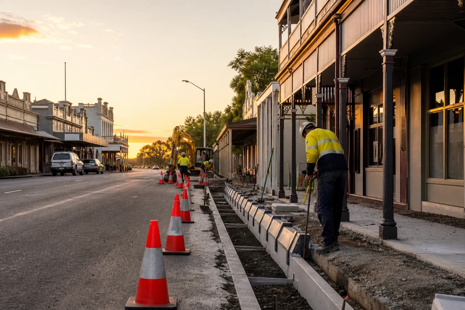 Stormwater programs NSW crew working on drainage upgrades along a regional town main street with council traffic management in place