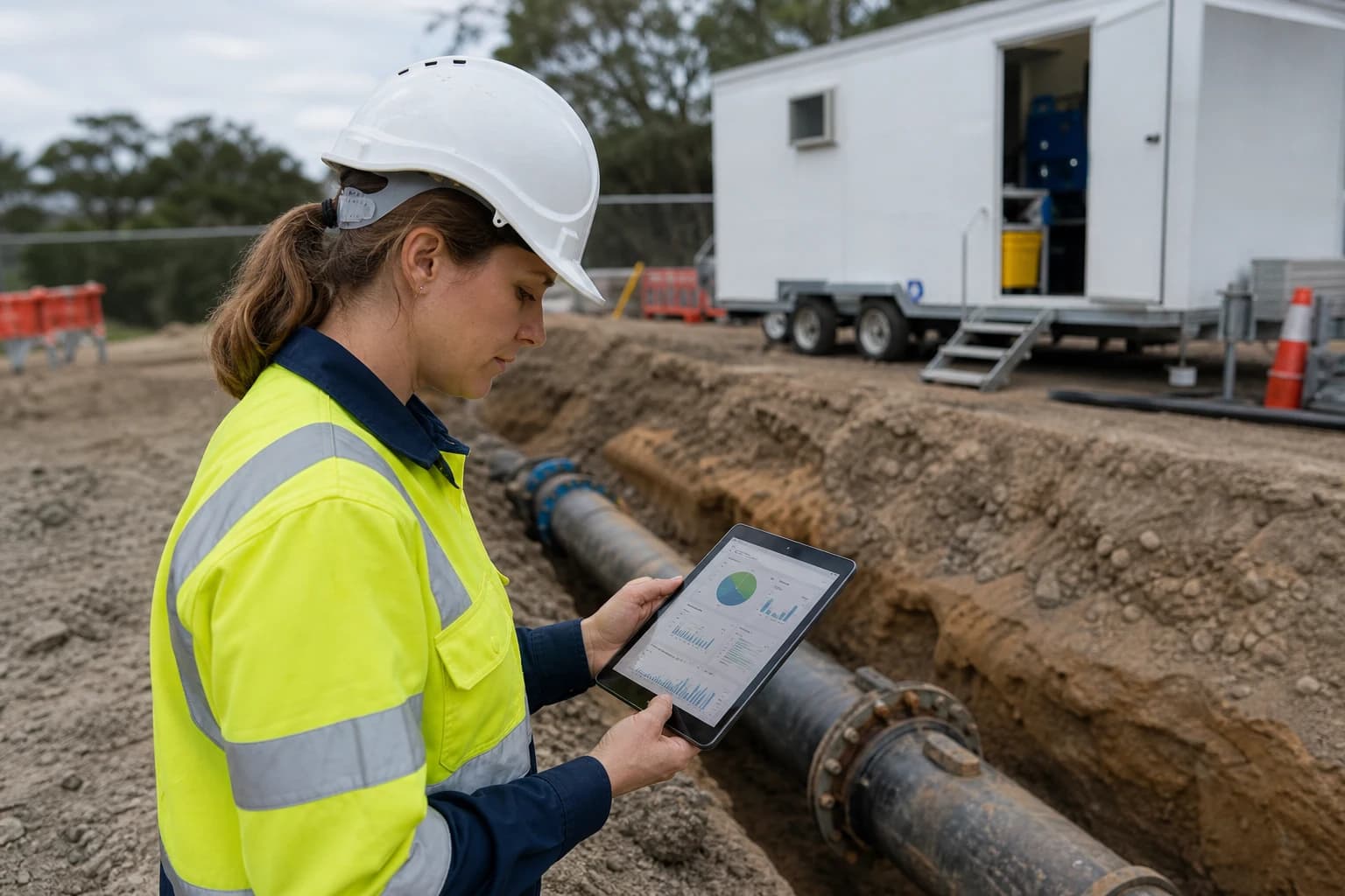 Engineer reviewing water main condition assessment data and pipeline risk charts on a tablet beside exposed pipe on site
